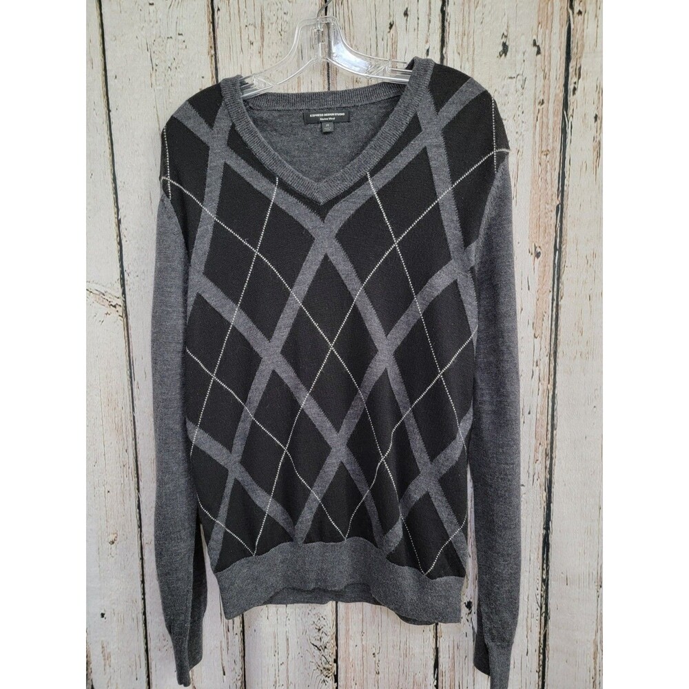 EXPRESS M Merino Wool Argyle Retro Sweater Pullover‎ V-Neck Design Studio EUC!